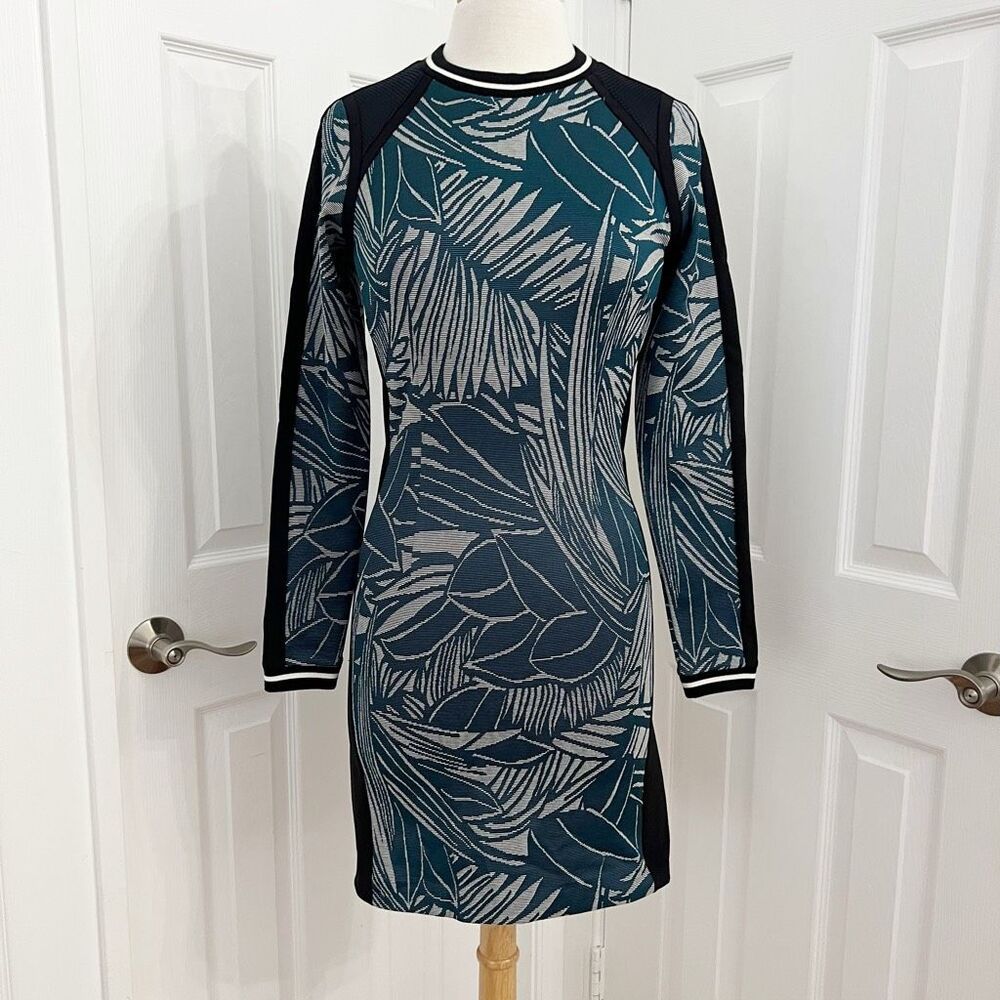 Veronica Beard Jacquard Palm Tropical Print Long Sleeve Bodycon Dress Small‎